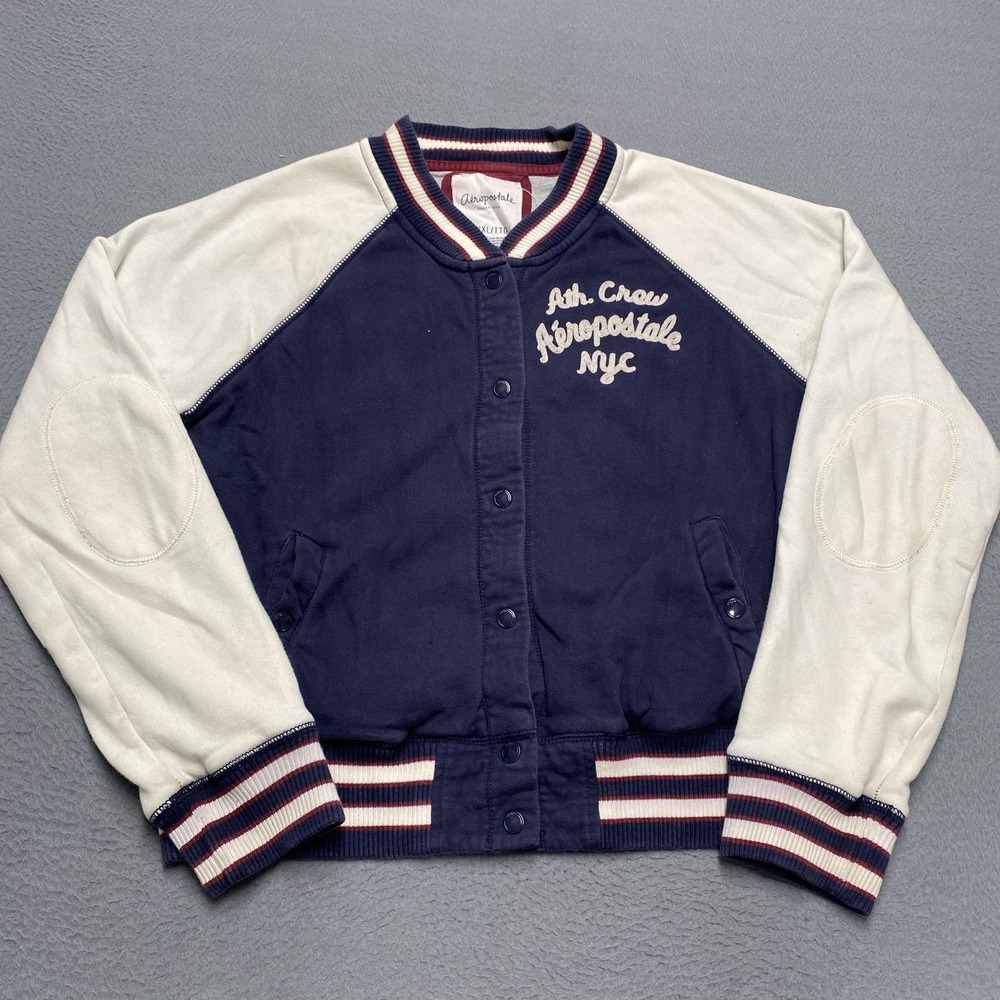 VTG Aeropostale Jacket Youth 2XL Blue White Varsity Fleece Snap Front NYC y2k